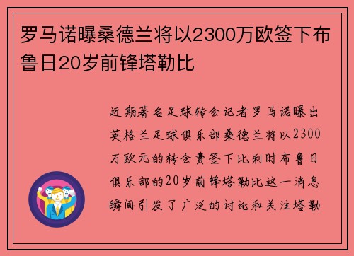 罗马诺曝桑德兰将以2300万欧签下布鲁日20岁前锋塔勒比