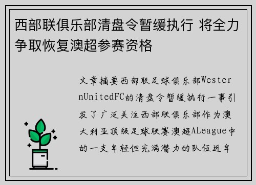 西部联俱乐部清盘令暂缓执行 将全力争取恢复澳超参赛资格